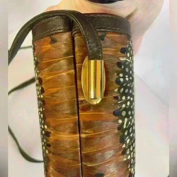 Vintage Genuine Peacock Feather Purse by Comeco Handbag Clutch w/ Strap Brown - Picture 7 of 14